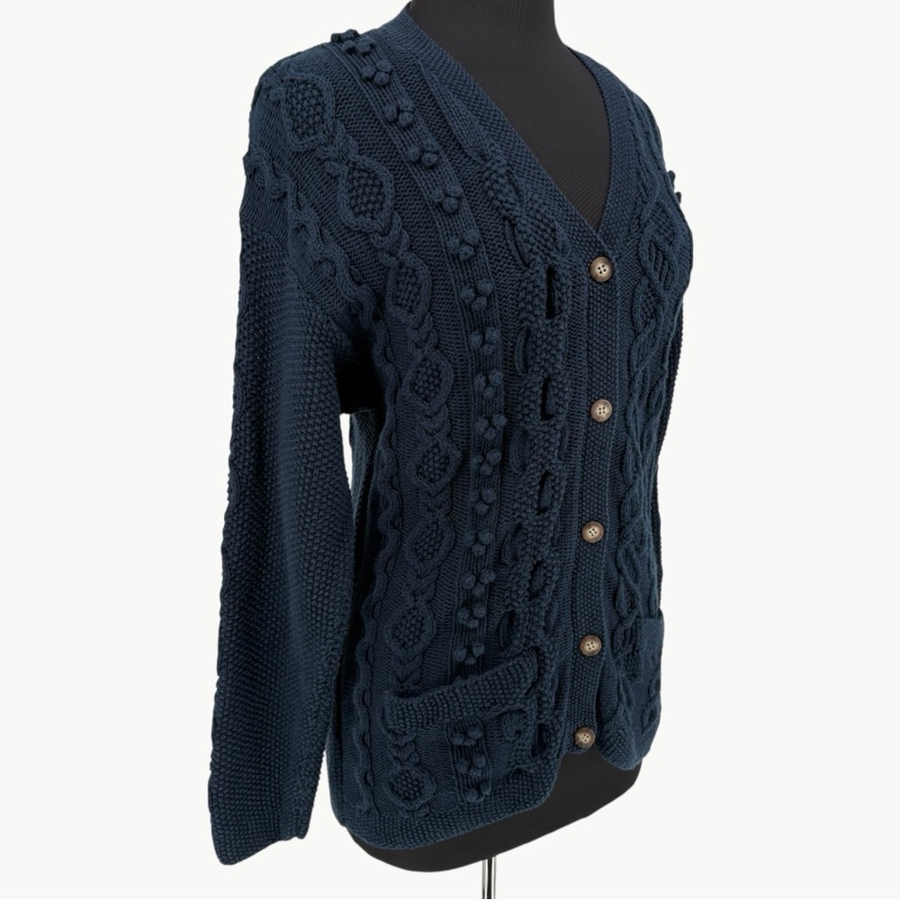 Vintage LL Bean Fisherman Cable Knit Cardigan Size Medium Navy Wool Blend 90s - Picture 10 of 13